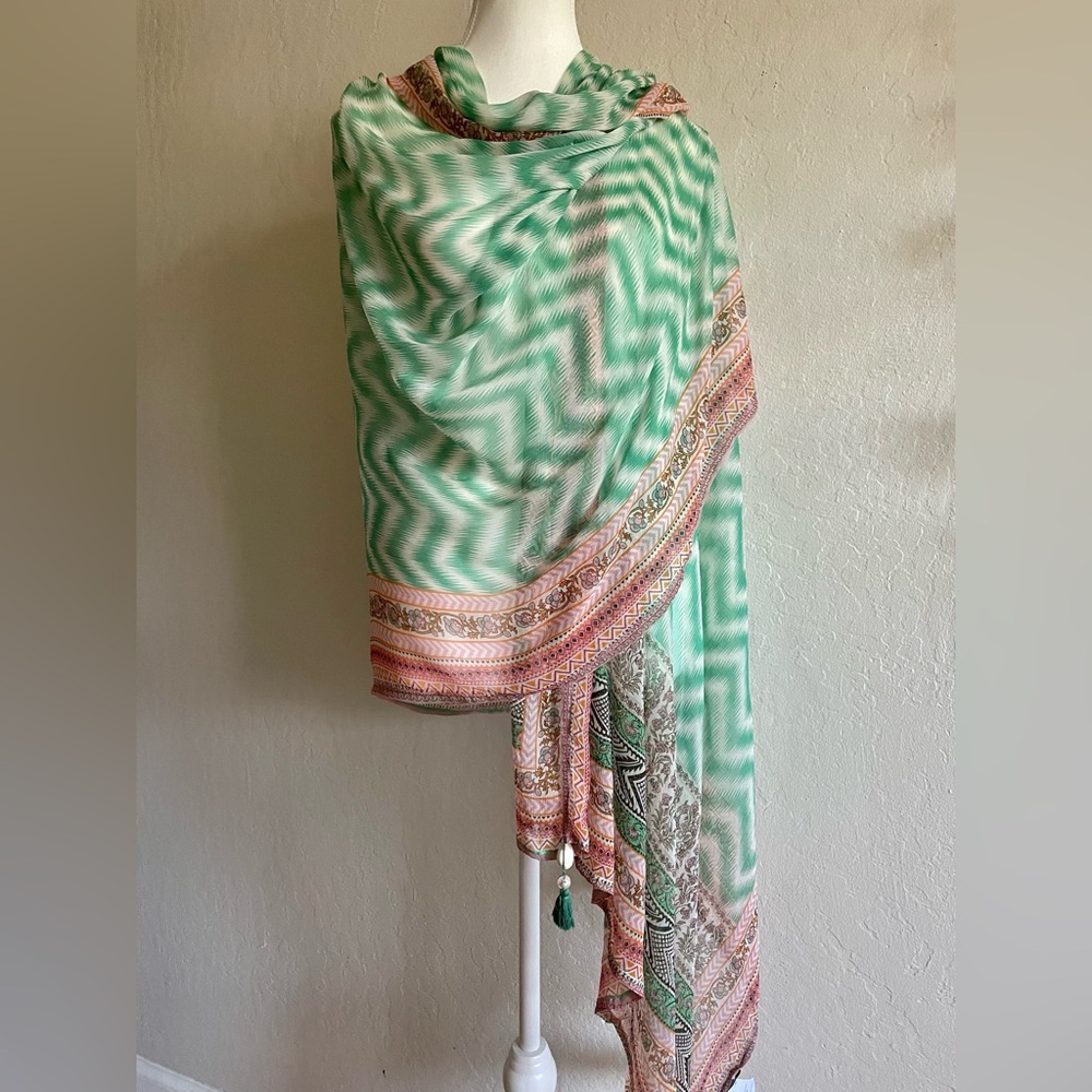 Green and Pink Patterned Scarf